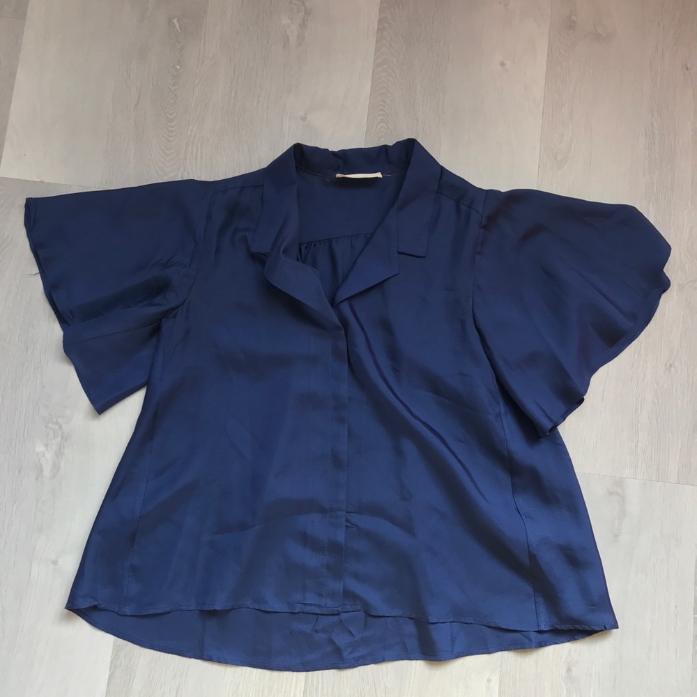 LISOU BLUE BLOUSE SILK SHORT FLUTTER SLEEVES BUTTON FRONT WOMENS 4